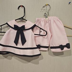 0-3 Months Rare Editions 2pc Outfit. Dress & Pants. Pink & Navy Blue W/bows